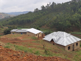 Campo gramado com árvores sob céu azul e nuvens brancas